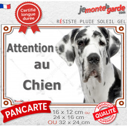 Dogue Allemand arlequin, plaque portail "Attention au Chien" photo Danois blanc taches noires, résiste intempéries