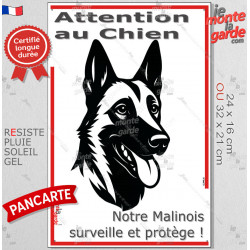 Plaque portail verticale "Attention au Chien, notre Malinois surveille et protège" dessin stylisé noir, résiste intempéries