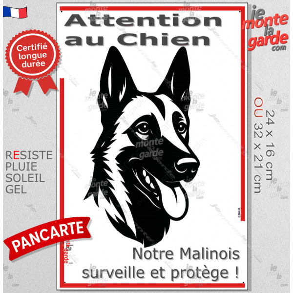 Plaque portail verticale "Attention au Chien, notre Malinois surveille et protège" dessin stylisé noir, résiste intempéries