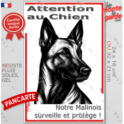Plaque portail verticale "Attention au Chien, notre Malinois surveille et protège" dessin stylisé noir, résiste intempéries