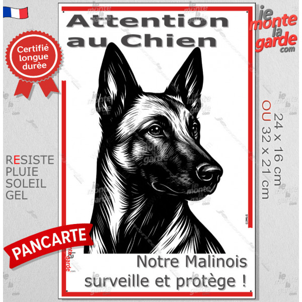 Plaque portail verticale "Attention au Chien, notre Malinois surveille et protège" dessin stylisé noir, résiste intempéries