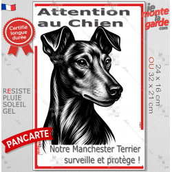 Plaque portail verticale "Attention au Chien, notre Manchester Terrier surveille et protège" dessin stylisé noir et blanc