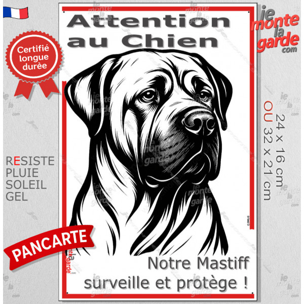 Plaque portail verticale "Attention au Chien, notre Mastiff surveille et protège" dessin stylisé noir, résiste intempéries