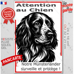 Plaque portail verticale "Attention au Chien, notre Münsterländer surveille et protège" dessin stylisé, résiste intempéries