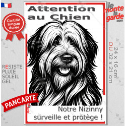 Plaque portail verticale "Attention au Chien, notre Nizinny surveille et protège" dessin stylisé noir, résiste intempéries