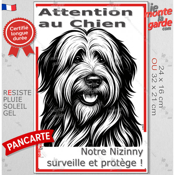 Plaque portail verticale "Attention au Chien, notre Nizinny surveille et protège" dessin stylisé noir, résiste intempéries