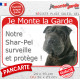 Shar-Peï noir, plaque portail rouge "Je Monte la Garde, surveille et protège" attention chien photo sharpei résiste intempéries