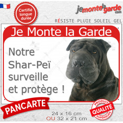 Shar-Peï noir, plaque portail rouge "Je Monte la Garde, Surveille Protège" 2 tailles RED E