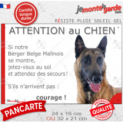 Berger Belge Malinois Tête, Panneau humour "Attention au Chien, jetez-vous au sol, attendez du secours !" photo drôle plaque 