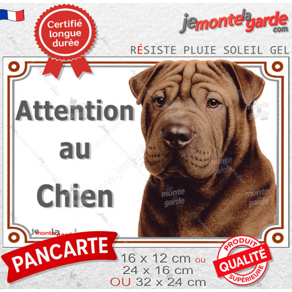 Shar-Peï marron chocolat, plaque portail "Attention au Chien" photo Sharpei brun résiste intempéries