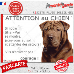Shar-Peï marron chocolat, plaque humour "Attention au Chien, Jetez Vous au Sol, courage" photo résiste intempéries