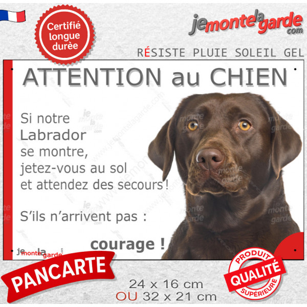 Labrador Chocolat, Panneau portail humour "Attention au Chien, jetez-vous au sol attendez secours courage" photo marron brun