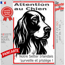 Plaque portail verticale "Attention au Chien, notre Setter Irlandais surveille et protège" dessin stylisé, résiste intempéries
