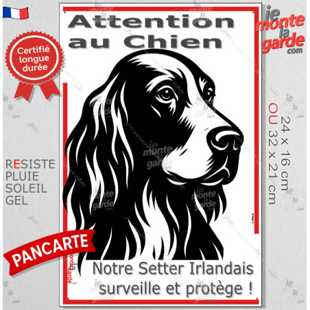 Plaque portail verticale "Attention au Chien, notre Setter Irlandais surveille et protège" dessin stylisé, résiste intempéries