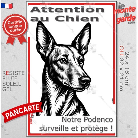 Plaque portail verticale "Attention au Chien, notre Podenco surveille et protège" dessin stylisé, résiste intempéries