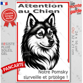 Plaque portail verticale "Attention au Chien, notre Pomsky surveille et protège" dessin stylisé, résiste intempéries