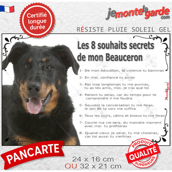 Beauceron noir et feu, Plaque photo "Les 8 Souhaits Secrets" commandements éducation résiste intempéries