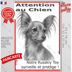 Plaque portail verticale "Attention au Chien, notre Russkiy Toy surveille et protège" dessin stylisé, résiste intempéries