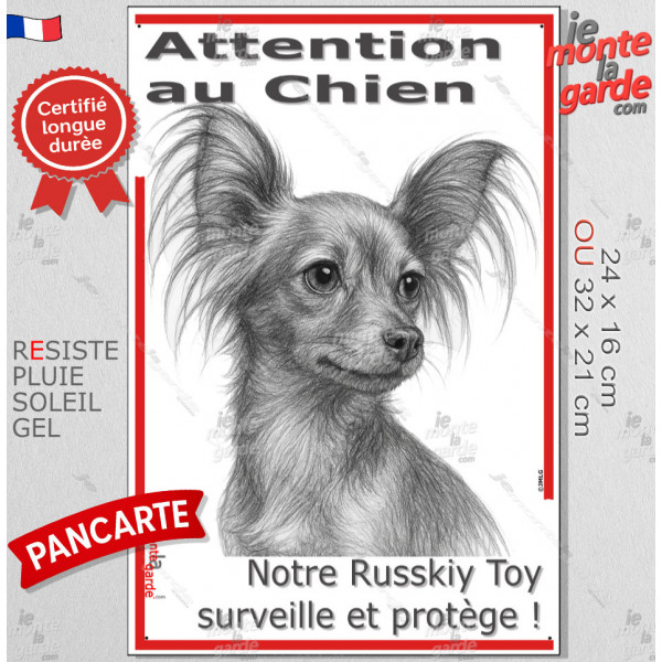 Plaque portail verticale "Attention au Chien, notre Russkiy Toy surveille et protège" dessin stylisé, résiste intempéries