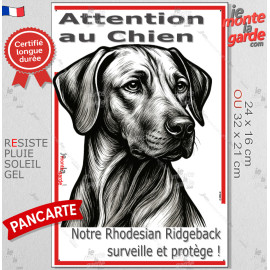 Plaque portail verticale "Attention au Chien, notre Rhodesian Ridgeback surveille et protège" dessin stylisé, résiste intempérie