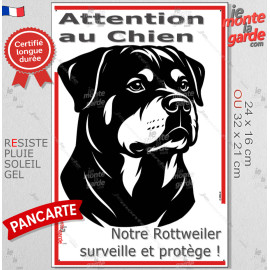 Plaque portail verticale "Attention au Chien, notre Rottweiler surveille et protège" dessin stylisé, résiste intempéries