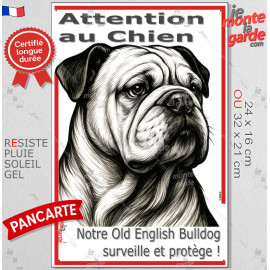 Plaque portail verticale "Attention au Chien, notre Old English Bulldog surveille et protège" dessin stylisé, résiste intempérie