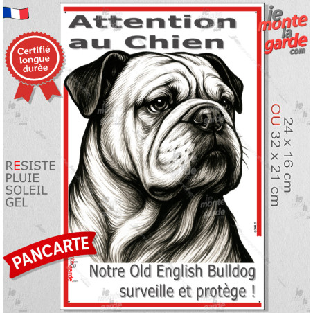 Plaque portail verticale "Attention au Chien, notre Old English Bulldog surveille et protège" dessin stylisé, résiste intempérie