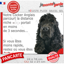 Cocker Anglais tout noir tête, plaque humour "parcourt distance niche-portail moins de 3 secondes" photo