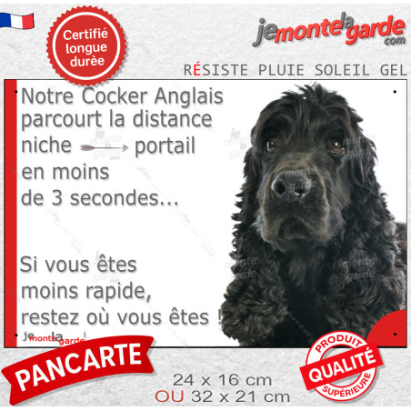Cocker Anglais tout noir tête, plaque humour "parcourt distance niche-portail moins de 3 secondes" photo