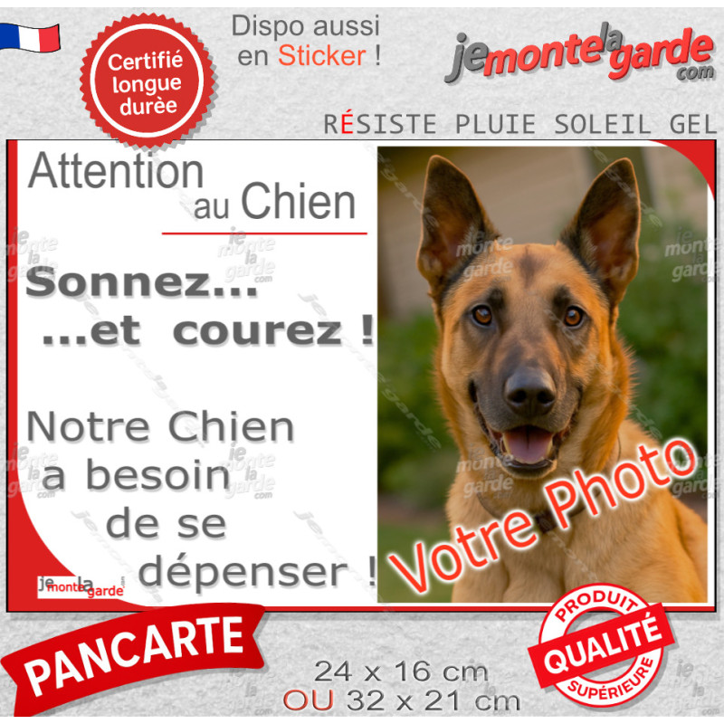 Photo Personnalisable, plaque portail humour "Attention au Chien, Sonnez et Courez, besoin d'exercice !"