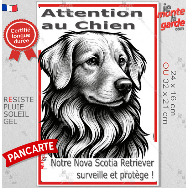 Plaque portail verticale "Attention au Chien, notre Nova Scotia Retriever surveille et protège" dessin stylisé, résiste soleil