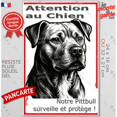 Plaque portail verticale "Attention au Chien, notre Pittbull surveille et protège" dessin stylisé, résiste intempéries
