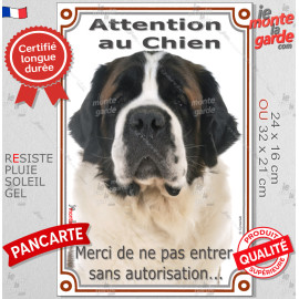 Saint-Bernard brun masque noir, Plaque Portail "Attention au Chien, pas sans autorisation" verticale photo St-Bernard