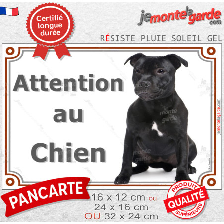 Staffie noir assis, plaque portail extérieure "Attention au Chien" photo résiste intempéries