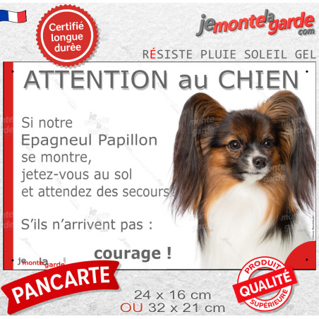 Epagneul Continental Nain Papillon, plaque portail humour "Attention au Chien, Jetez Vous au Sol, attendez secours, courage" pho
