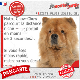 Chow-Chow Fauve, plaque humour "parcourt distance Niche - Portail moins 3 secondes" pancarte attention au chien photo