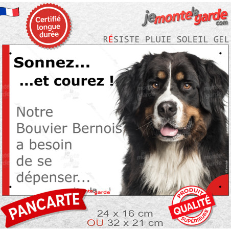 Plaque portail humour "Sonnez et Courez ! Notre Bouvier Bernois sonnez courez, besoin de se dépenser" photo Attention au Chien, 
