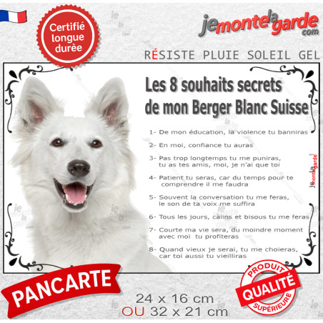 Berger Blanc Suisse, Plaque "Les 8 Souhaits Secrets" photo idée cadeau commandements éducation, résiste pluie soleil gel, idée c