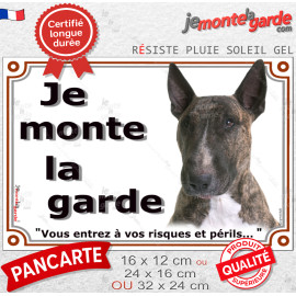 Bull Terrier Bringé, Plaque portail "Je Monte la Garde, entrez à vos risques et périls" photo race résiste intempéries
