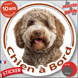 Lagotto Romagnolo, sticker autocollant rond "Chien à Bord" disque adhésif voiture vitre, Chien d'Eau Romagnol, résiste intempéri