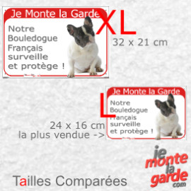 Bouledogue Français caille noir et blanc, plaque rouge "Je Monte la Garde, surveille et protège" résiste dehors, 2 tailles D