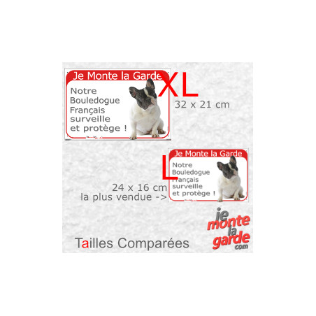 Bouledogue Français caille noir et blanc, plaque rouge "Je Monte la Garde, surveille et protège" résiste dehors, 2 tailles D
