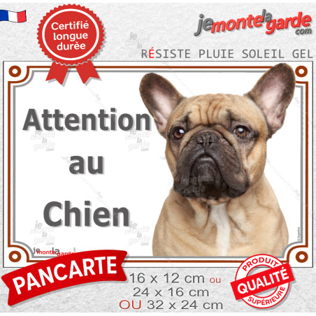 Bouledogue Français Fauve Tête, plaque portail "Attention au Chien" photo, beige sable, résiste pluie soleil gel, idée cadeau