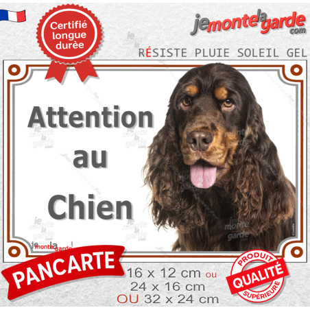 Cocker Anglais Spaniel marron chocolat et feu, plaque portail "Attention au Chien" photo de la pancarte installée sur un portail