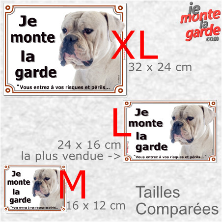 Bouledogue Américain tout blanc, plaque portail photo "Je Monte la Garde, vous entrez à vos risques et périls" 3 tailles D