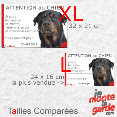 Rottweiler, plaque portail photo humour "Attention au Chien, Jetez Vous au Sol, attendez secours, courage" 2 tailles E