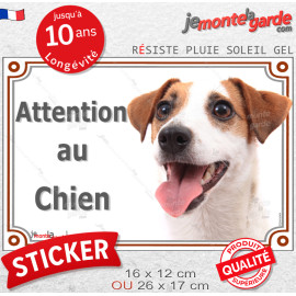 Jack Russell Terrier blanc fauve, disque autocollant "Attention au Chien" Sticker panneau photo adhésif