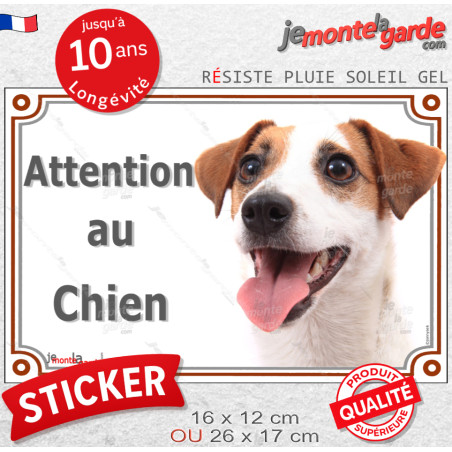 Jack Russell Terrier blanc fauve, disque autocollant "Attention au Chien" Sticker panneau photo adhésif