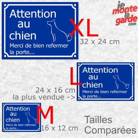 Plaque portail bleue "Attention au Chien, merci de bien refermez la Porte..."  Résiste pluie soleil gel, 3 tailles D