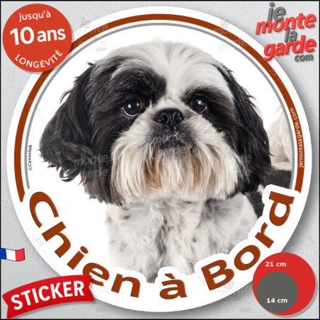 Shih-tzu noir et blanc, sticker autocollant rond "Chien à Bord" Disque adhésif photo vitre voiture